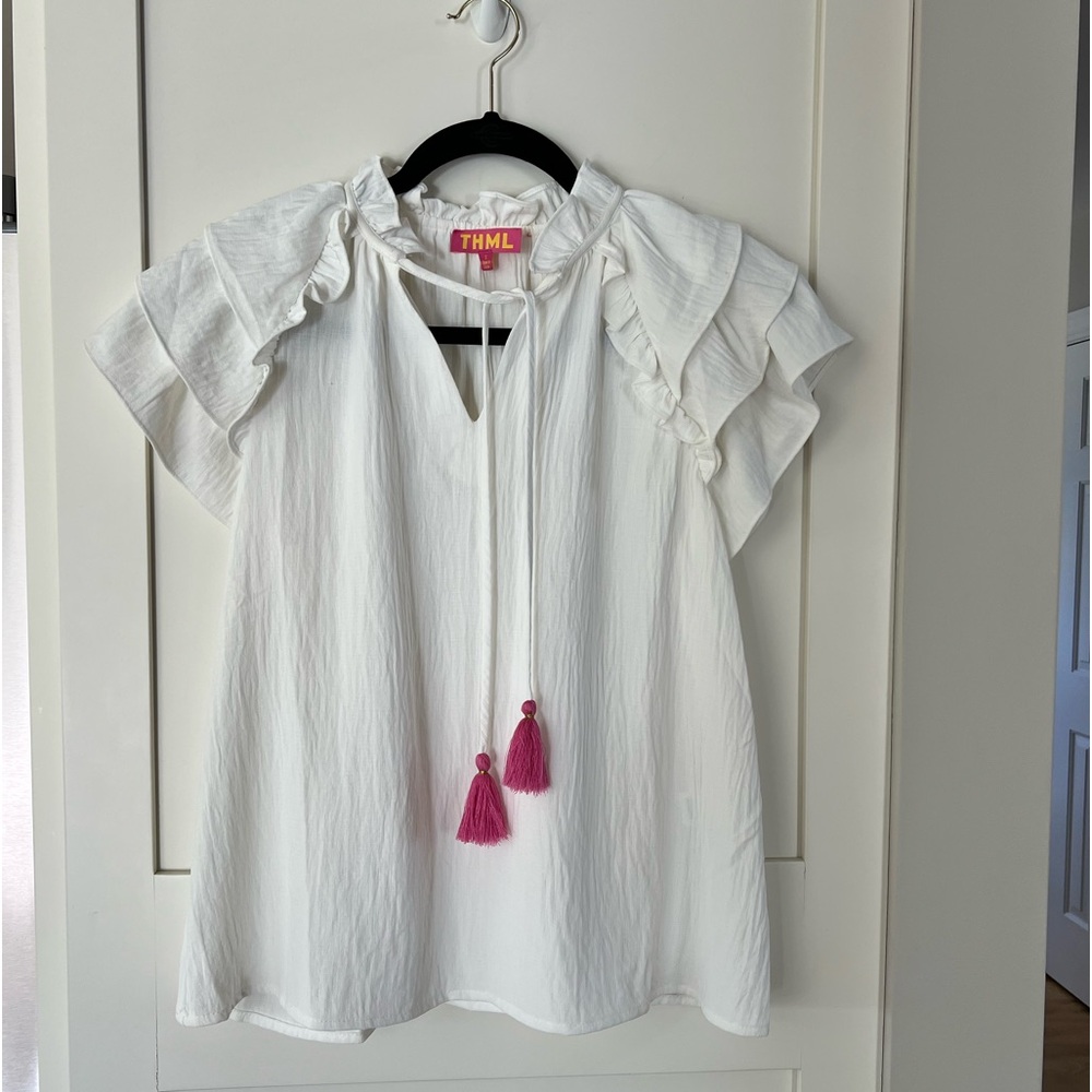 THML White Blouse with Pink Tassel Accents
